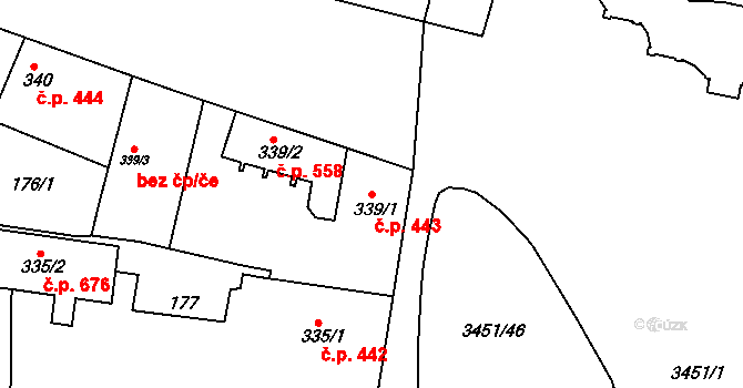 Lysá nad Labem 443 na parcele st. 339/1 v KÚ Lysá nad Labem, Katastrální mapa