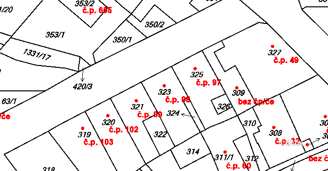 Proboštov 98 na parcele st. 323 v KÚ Proboštov u Teplic, Katastrální mapa