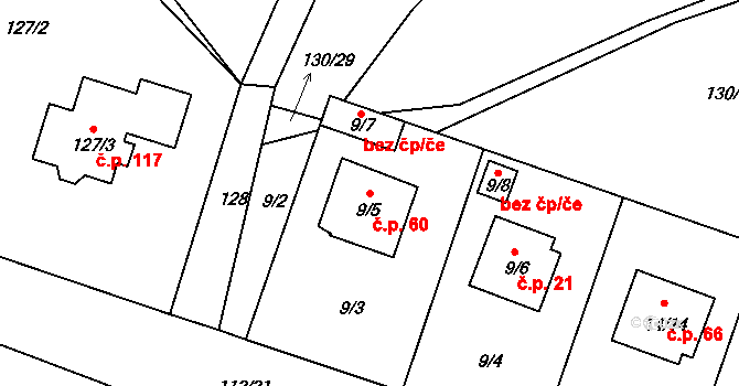 Dubičné 60 na parcele st. 9/5 v KÚ Dubičné, Katastrální mapa