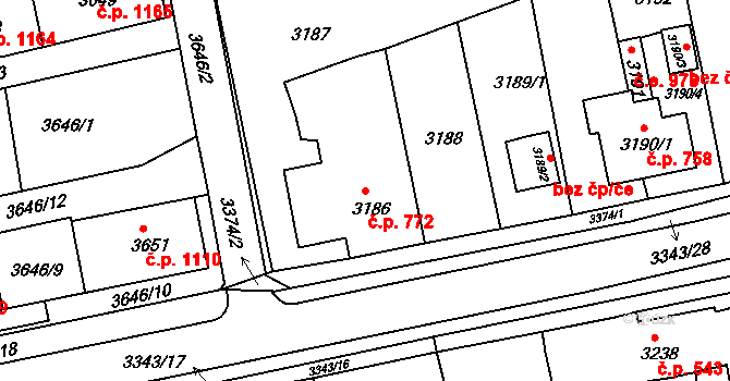 Jirkov 772 na parcele st. 3186 v KÚ Jirkov, Katastrální mapa