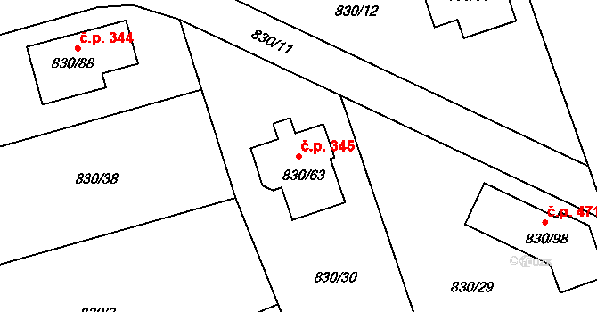 Srubec 345 na parcele st. 830/63 v KÚ Srubec, Katastrální mapa