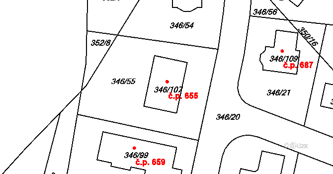 Kolovraty 655, Praha na parcele st. 346/107 v KÚ Kolovraty, Katastrální mapa