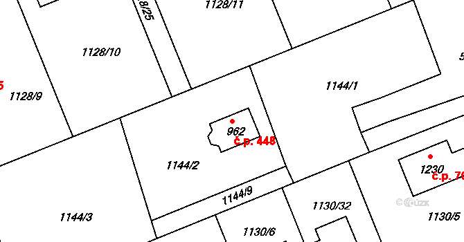 Nučice 448 na parcele st. 962 v KÚ Nučice u Rudné, Katastrální mapa