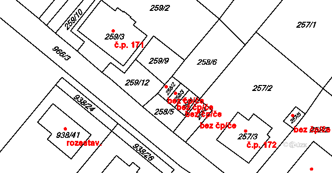 Osvračín 45253595 na parcele st. 258/2 v KÚ Osvračín, Katastrální mapa