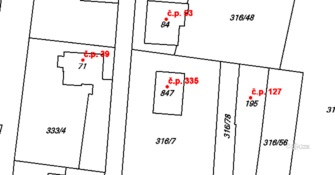 Řež 335, Husinec na parcele st. 847 v KÚ Husinec u Řeže, Katastrální mapa