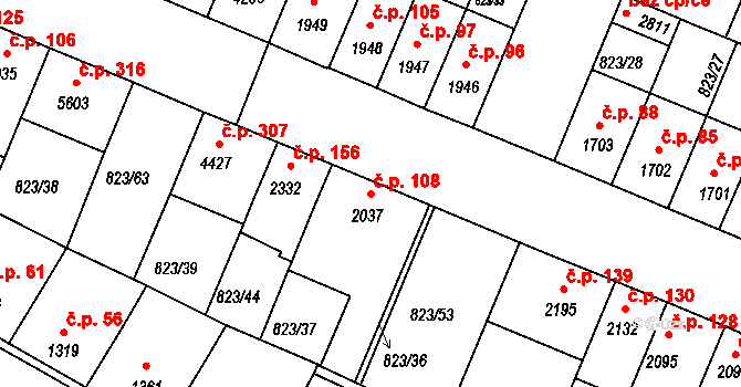 Václavské Předměstí 108, Písek na parcele st. 2037 v KÚ Písek, Katastrální mapa