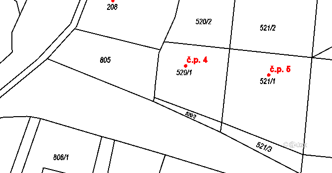 Hanušovice 4 na parcele st. 520/1 v KÚ Hanušovice, Katastrální mapa