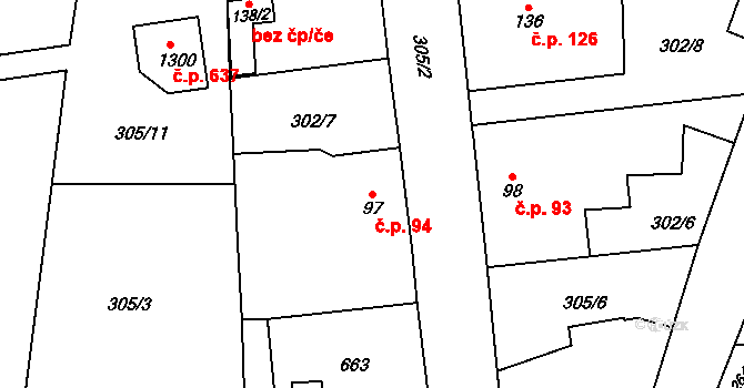 Rosice 94, Pardubice na parcele st. 97 v KÚ Rosice nad Labem, Katastrální mapa