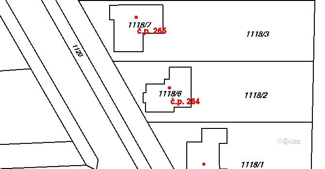 Jevišovka 264 na parcele st. 1118/6 v KÚ Jevišovka, Katastrální mapa