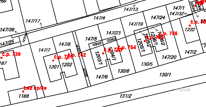 Prštné 753, Zlín na parcele st. 1203/1 v KÚ Prštné, Katastrální mapa