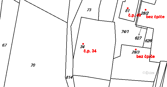 Leškovice 34 na parcele st. 34 v KÚ Leškovice, Katastrální mapa