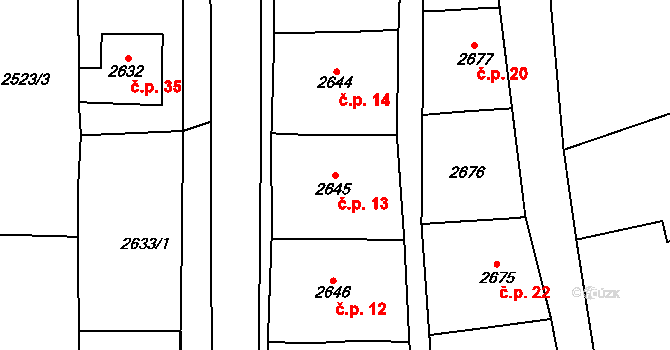 Chábory 13, Dobruška na parcele st. 2645 v KÚ Dobruška, Katastrální mapa