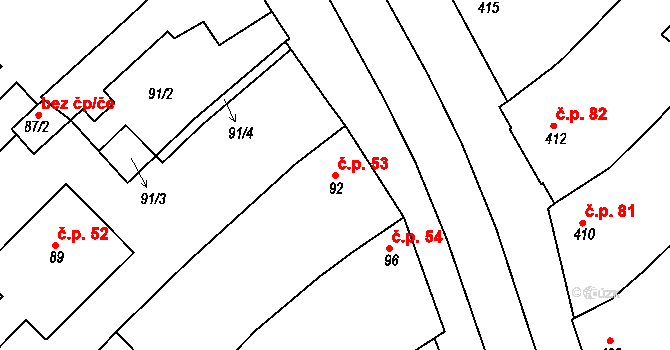 Hrušky 53 na parcele st. 92 v KÚ Hrušky, Katastrální mapa