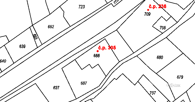 Skřípov 305 na parcele st. 688 v KÚ Skřípov, Katastrální mapa