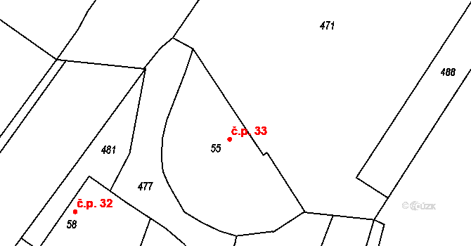Předbořice 33, Černíny na parcele st. 55 v KÚ Předbořice, Katastrální mapa