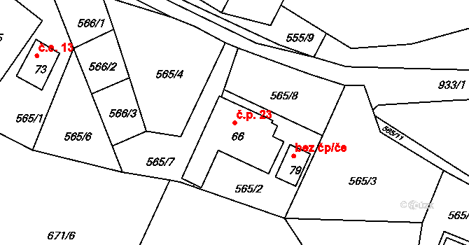 Oldřiš 23, Merklín na parcele st. 66 v KÚ Oldřiš u Merklína, Katastrální mapa