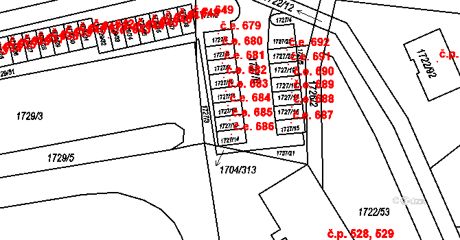 Miřetice u Klášterce nad Ohří 685, Klášterec nad Ohří na parcele st. 1727/13 v KÚ Miřetice u Klášterce nad Ohří, Katastrální mapa
