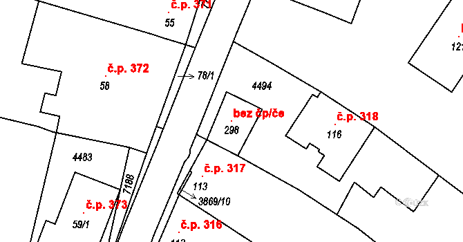 Hostěradice 121540596 na parcele st. 298 v KÚ Míšovice, Katastrální mapa