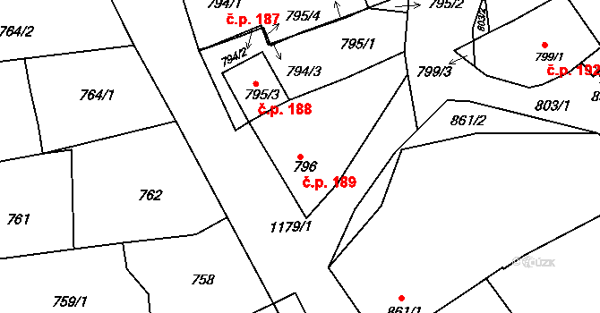 Šardice 189 na parcele st. 796 v KÚ Šardice, Katastrální mapa