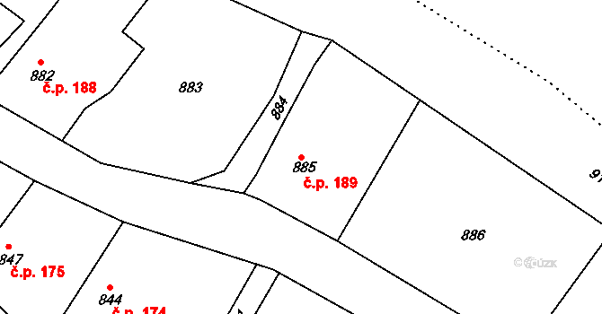 Krásné Loučky 189, Krnov na parcele st. 885 v KÚ Krásné Loučky, Katastrální mapa