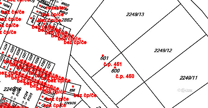 Bor 451 na parcele st. 601 v KÚ Bor u Tachova, Katastrální mapa
