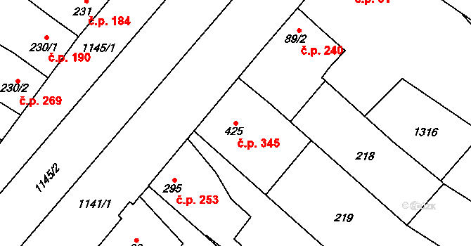 Senice na Hané 345 na parcele st. 425 v KÚ Senice na Hané, Katastrální mapa
