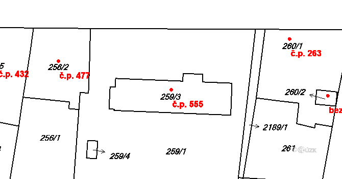 Březnice 555 na parcele st. 259/3 v KÚ Březnice, Katastrální mapa