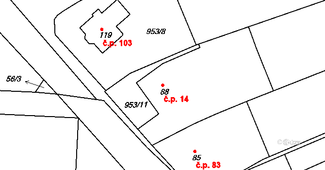 Chlístov 14 na parcele st. 88 v KÚ Chlístov u Rokytnice nad Rokytnou, Katastrální mapa