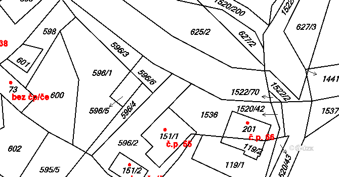 Petrašovice 55, Bílá na parcele st. 151/1 v KÚ Petrašovice, Katastrální mapa