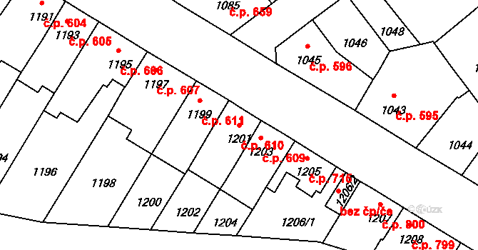 Pelhřimov 610 na parcele st. 1201 v KÚ Pelhřimov, Katastrální mapa