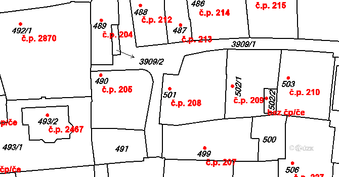 Horní Počernice 208, Praha na parcele st. 501 v KÚ Horní Počernice, Katastrální mapa