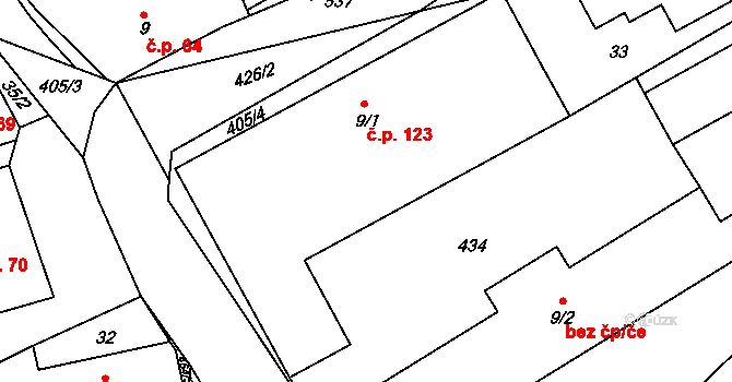 Žireč 123, Dvůr Králové nad Labem na parcele st. 9/1 v KÚ Žireč Ves, Katastrální mapa