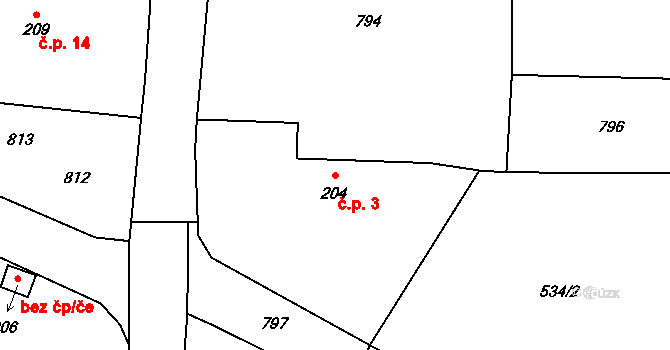 Husa 3, Paceřice na parcele st. 204 v KÚ Paceřice, Katastrální mapa