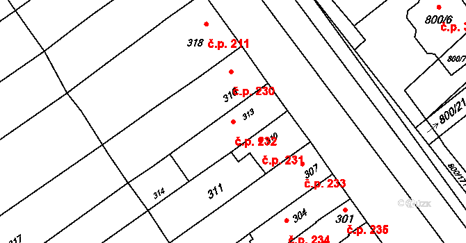 Přísnotice 232 na parcele st. 313 v KÚ Přísnotice, Katastrální mapa