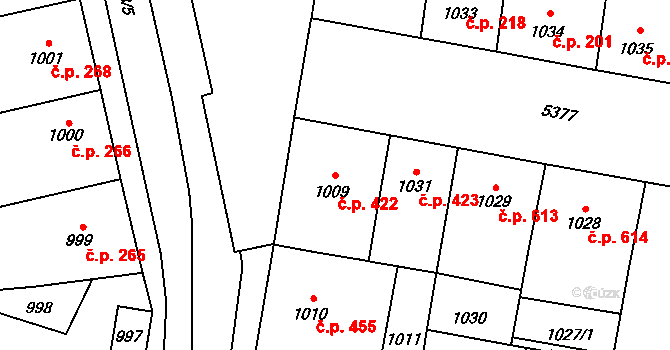 Východní Předměstí 422, Plzeň na parcele st. 1009 v KÚ Plzeň, Katastrální mapa