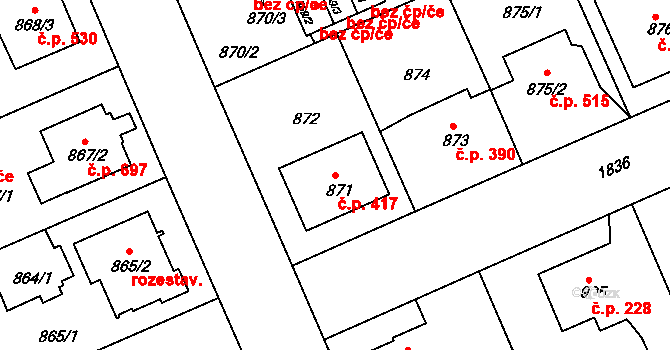 Černice 417, Plzeň na parcele st. 871 v KÚ Bručná, Katastrální mapa