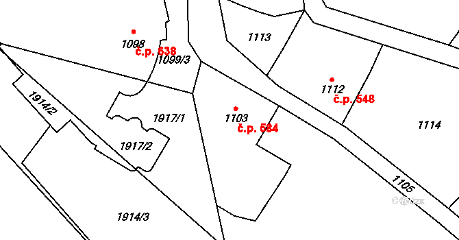 Pozořice 584 na parcele st. 1103 v KÚ Pozořice, Katastrální mapa