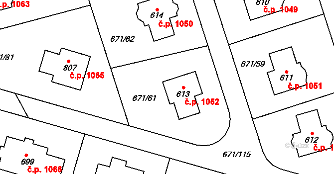 Hlubočinka 1052, Sulice na parcele st. 613 v KÚ Sulice, Katastrální mapa
