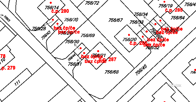 Kobeřice u Brna 287 na parcele st. 756/21 v KÚ Kobeřice u Brna, Katastrální mapa