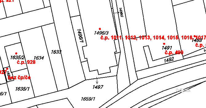 Újezd u Brna 1011,1012,1013,1014, na parcele st. 1496/3 v KÚ Újezd u Brna, Katastrální mapa