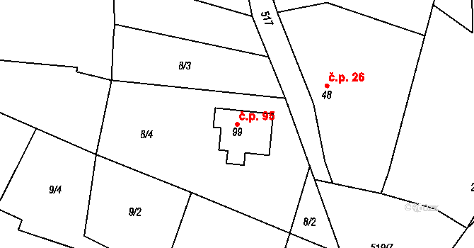 Přelovice 95 na parcele st. 99 v KÚ Přelovice, Katastrální mapa