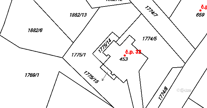 České Hamry 32, Vejprty na parcele st. 453 v KÚ České Hamry u Vejprt, Katastrální mapa