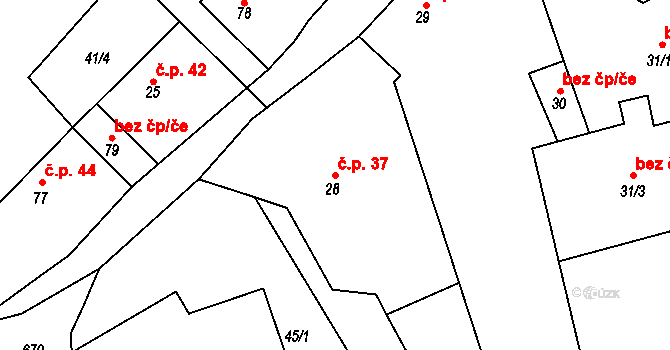 Měšetice 37, Sedlec-Prčice na parcele st. 28 v KÚ Měšetice, Katastrální mapa