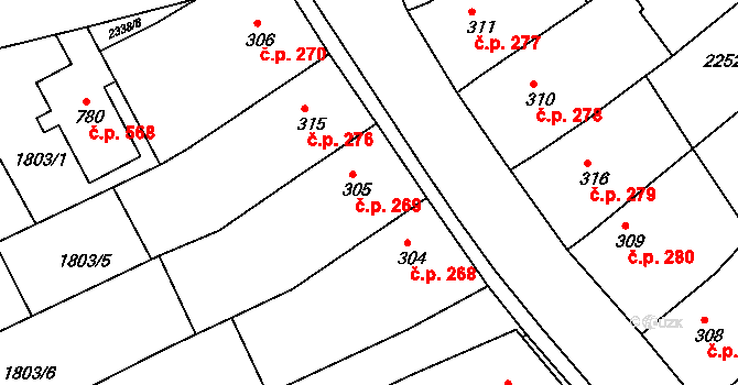 Křižanov 269 na parcele st. 305 v KÚ Křižanov, Katastrální mapa