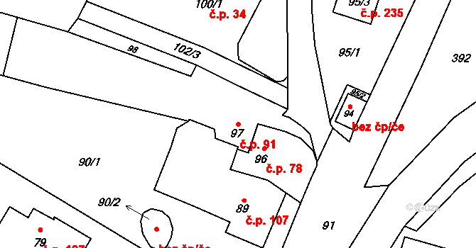 Děhylov 91 na parcele st. 97 v KÚ Děhylov, Katastrální mapa