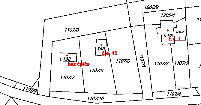 Kundratice 45, Hlinná na parcele st. 149 v KÚ Tlučeň, Katastrální mapa