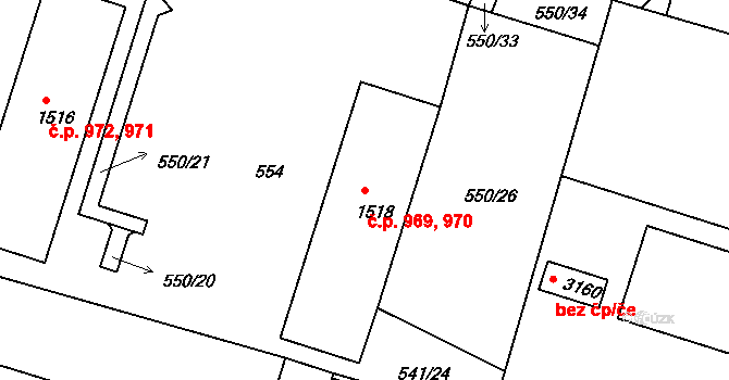 Milevsko 969,970 na parcele st. 1518 v KÚ Milevsko, Katastrální mapa