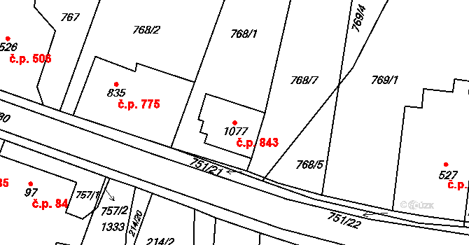 Svítkov 843, Pardubice na parcele st. 1077 v KÚ Svítkov, Katastrální mapa