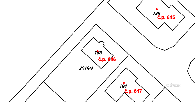 Chlupice 616, Hostěradice na parcele st. 163 v KÚ Chlupice, Katastrální mapa