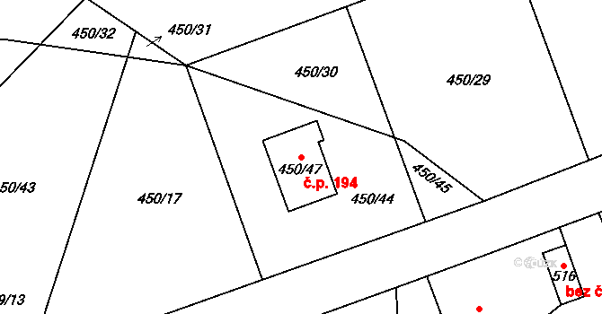 Kvaň 194, Zaječov na parcele st. 450/47 v KÚ Kvaň, Katastrální mapa